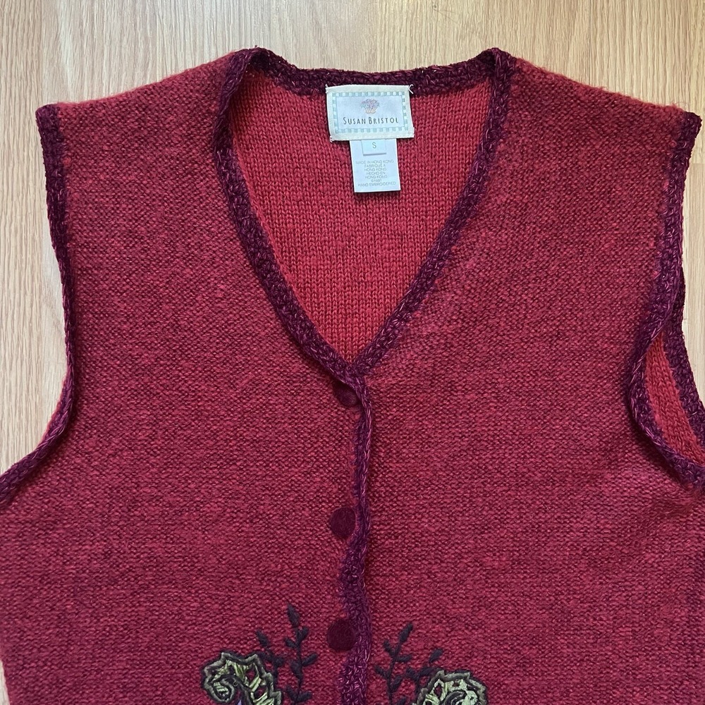 90s Susan Bristol Wool Blend Sweater Vest Hand Embroidered Womens Small Vintage - Picture 3 of 9